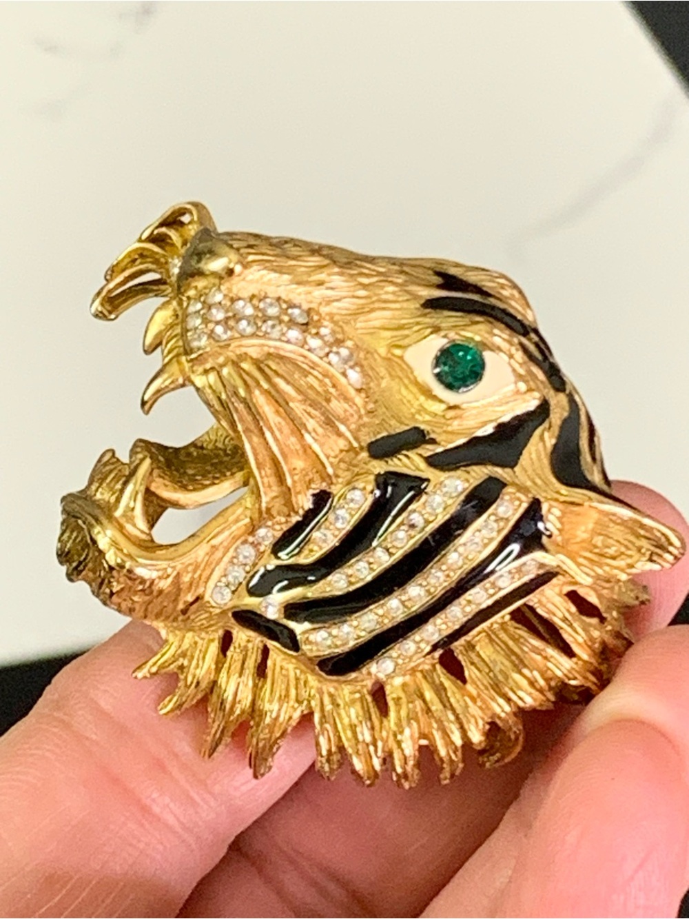 VINTAGE ERWIN PEARL RHINESTONE ENAMEL TIGER BROOCH - Picture 3 of 14